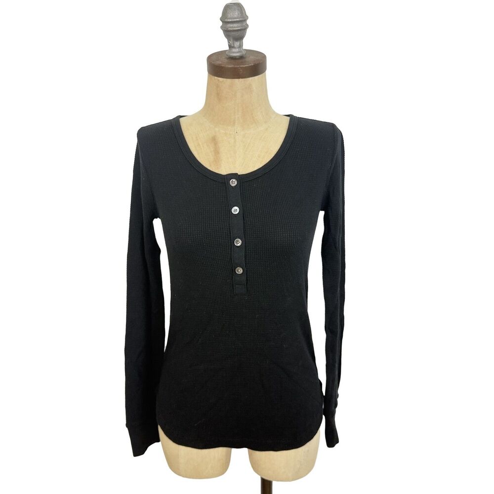 MADEWELL Waffle-Knit Scoopneck Henley Tee XS Jet Black Long Sleeve NWT B65